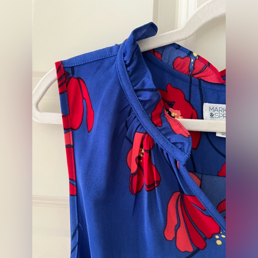 Market & Spruce Jeanie Ruffle Detail Dress-sleeveless red/blue floral size L - Picture 3 of 6